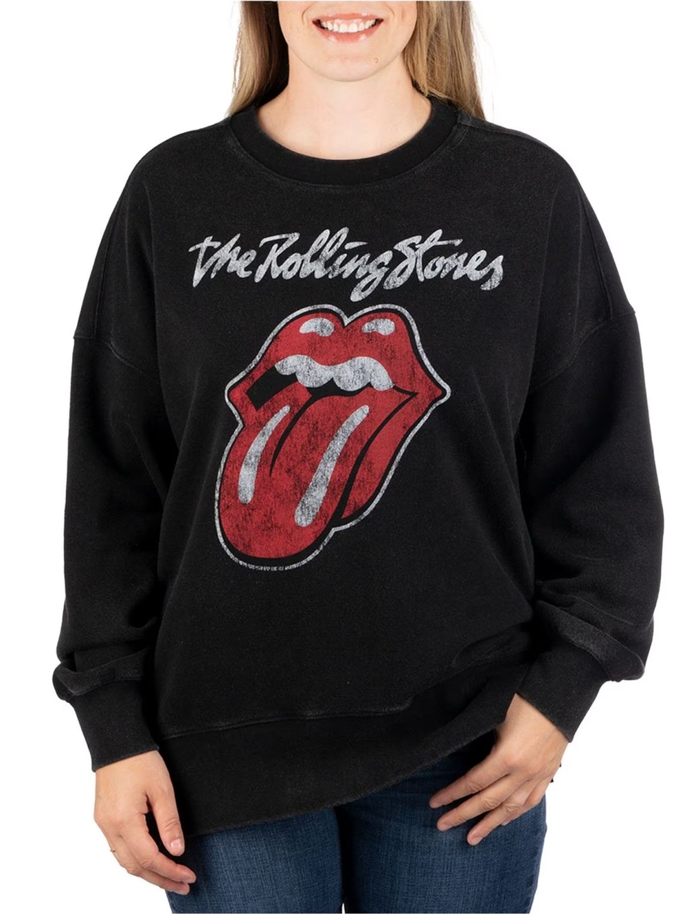 the Rolling Stones Black Crewneck Sweater with Red Tongue Graphic